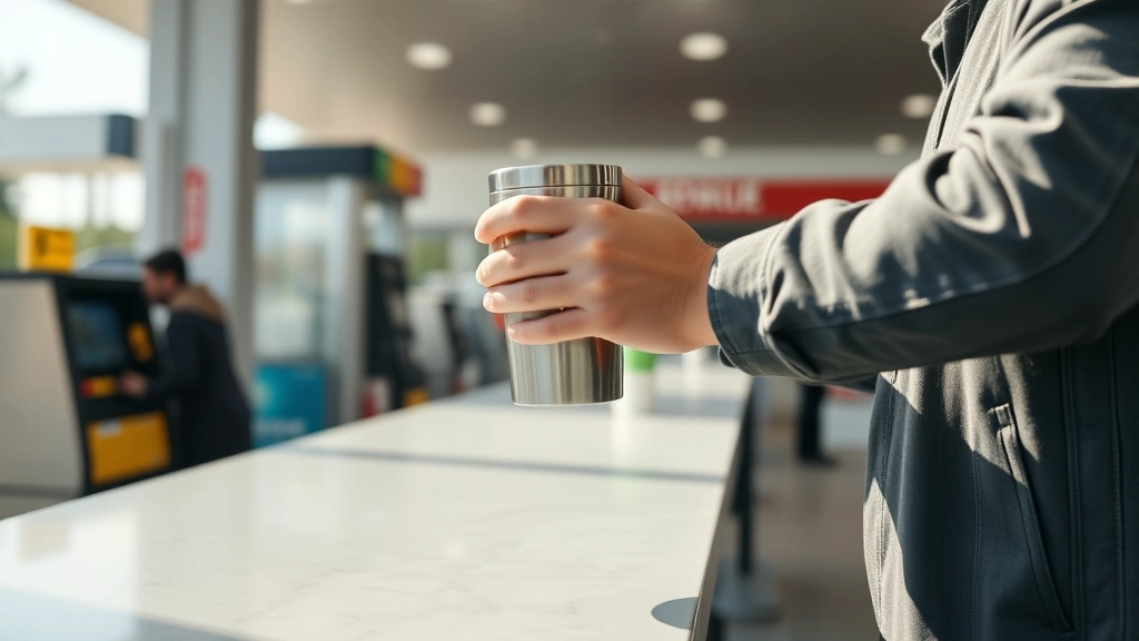 Professional photograph of a person holding a stainless steel reusable cup at a modern gas station counter, bright natural lighting, photorealistic, no visible text or logos, eco-conscious setting, sustainable lifestyle imagery