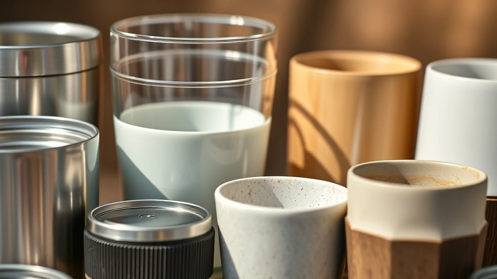 Close-up detail shot of sustainable materials: stainless steel, glass, and ceramic reusable cups arranged together, natural lighting highlighting material textures and quality, photorealistic, no labels or packaging visible, environmental focus