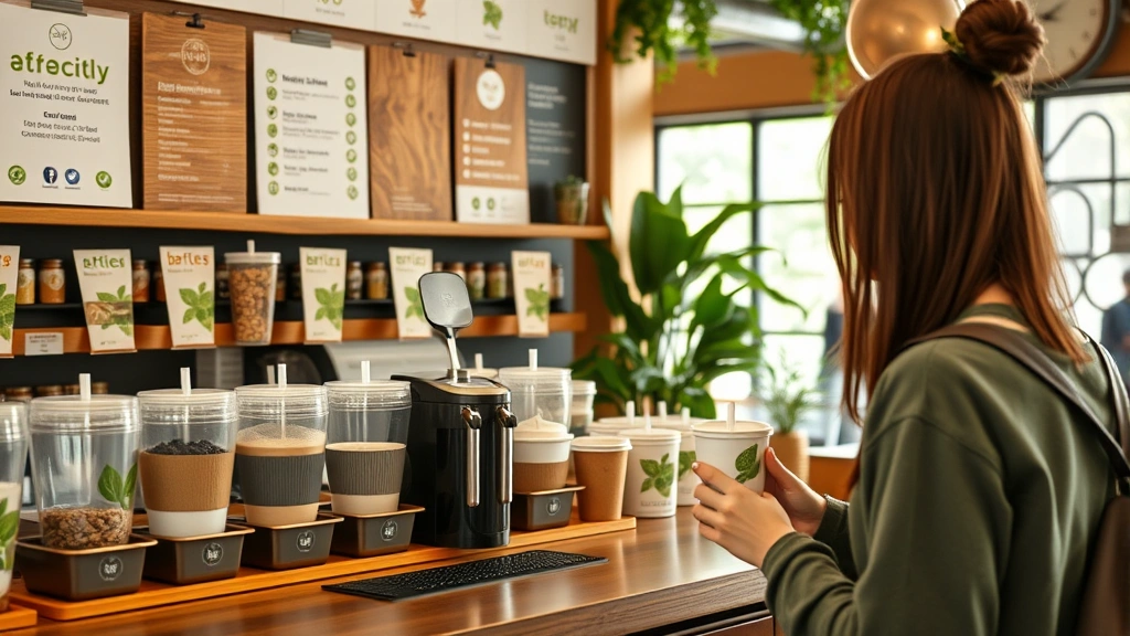 Wide view of eco-friendly beverage station with multiple reusable cup options displayed, customer inserting their personal cup, sustainable retail environment, natural daylight, photorealistic imagery, no visible text or signage