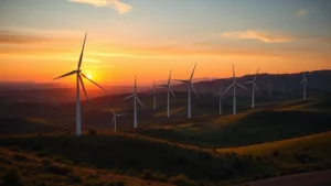 Wind turbines in a green valley at sunset, demonstrating renewable energy alternatives to fossil fuel extraction, photorealistic landscape photography