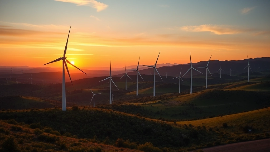 Wind turbines in a green valley at sunset, demonstrating renewable energy alternatives to fossil fuel extraction, photorealistic landscape photography