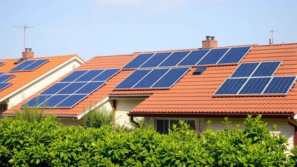 Solar panels installed on residential rooftops with lush garden vegetation below, showing sustainable home energy solutions and green technology integration
