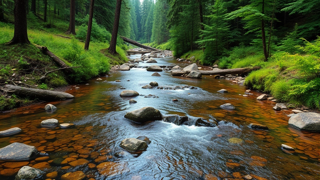 Pristine forest stream with clear water flowing over rocks, surrounded by native vegetation and wildlife habitat, representing protected ecosystems threatened by gas extraction