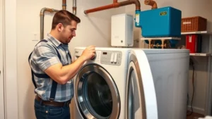 Professional plumber installing natural gas line to residential dryer in laundry room, showing proper connections and safety equipment, modern home interior