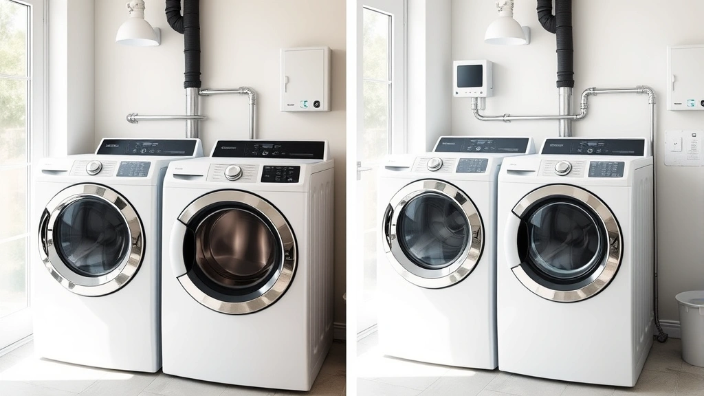 Side-by-side comparison of gas and electric dryer units in modern laundry space with natural lighting, showing exterior venting and clean installation