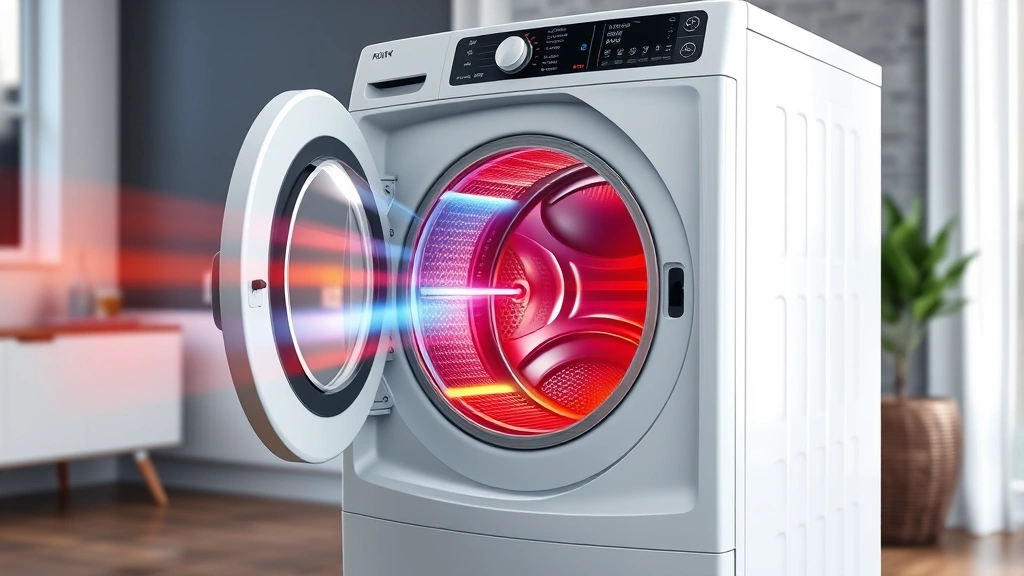 Heat pump dryer technology visualization showing internal components and heating cycles, modern energy-efficient laundry appliance in contemporary home setting