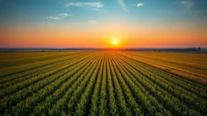 Aerial view of vast corn fields stretching to horizon during golden hour, showing sustainable agricultural landscape with green rows and natural lighting, photorealistic environmental perspective