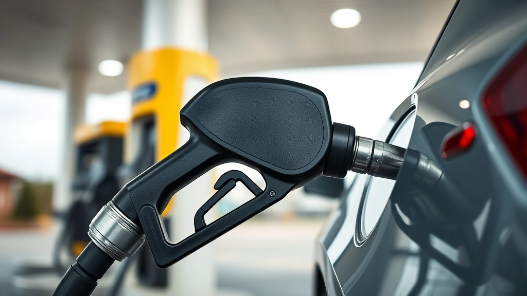 Close-up of modern gas pump nozzle dispensing fuel into vehicle tank, clean and contemporary fuel station setting, photorealistic detail of renewable fuel delivery infrastructure
