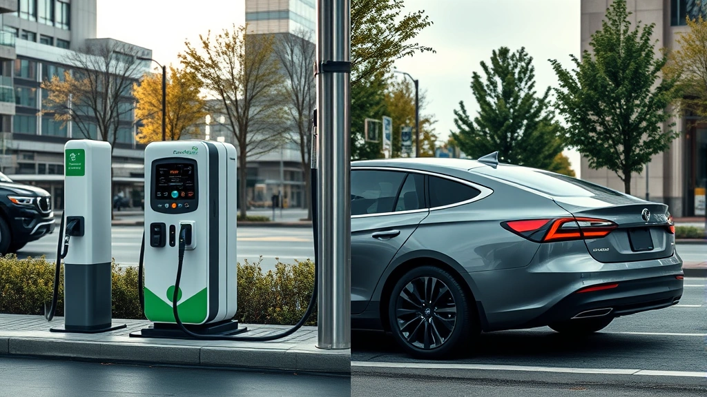 Split-screen comparison of electric vehicle charging station and traditional gas pump, showing contrasting sustainable transportation technologies in modern urban environment, photorealistic sustainability comparison