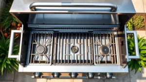 Overhead view of stainless steel gas grill with open lid showing clean cooking grates and burners, natural outdoor patio setting with green plants, morning sunlight reflecting off polished metal surfaces, no text or labels visible