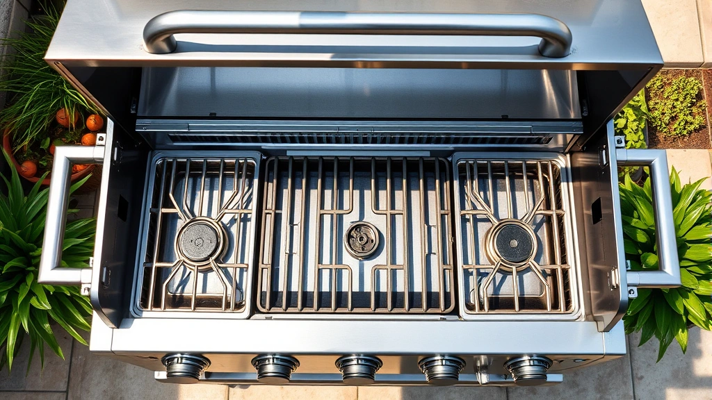 Overhead view of stainless steel gas grill with open lid showing clean cooking grates and burners, natural outdoor patio setting with green plants, morning sunlight reflecting off polished metal surfaces, no text or labels visible