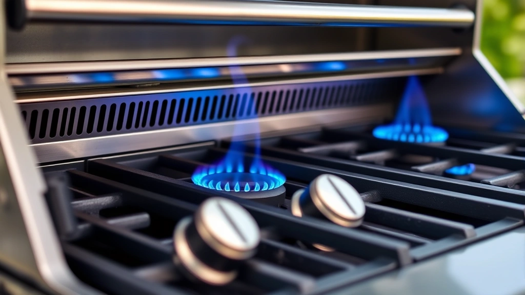 Close-up of modern gas grill burner system with blue flames igniting, showing individual burner controls and heat distribution, professional outdoor kitchen environment, natural lighting highlighting metallic components, no branding or text