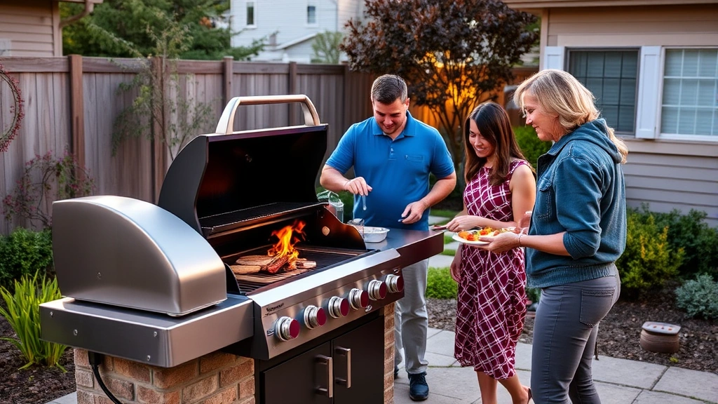 Family gathering around a gas grill during outdoor meal preparation, showing grill in use with food cooking, eco-friendly backyard garden setting with sustainable landscaping, warm golden hour lighting, people enjoying outdoor entertaining, no visible signage