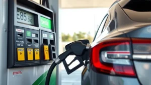 Photorealistic flex-fuel vehicle refueling at E85 gas station pump with green ethanol fuel label visible on pump handle, bright daylight, clean modern station environment, renewable energy concept