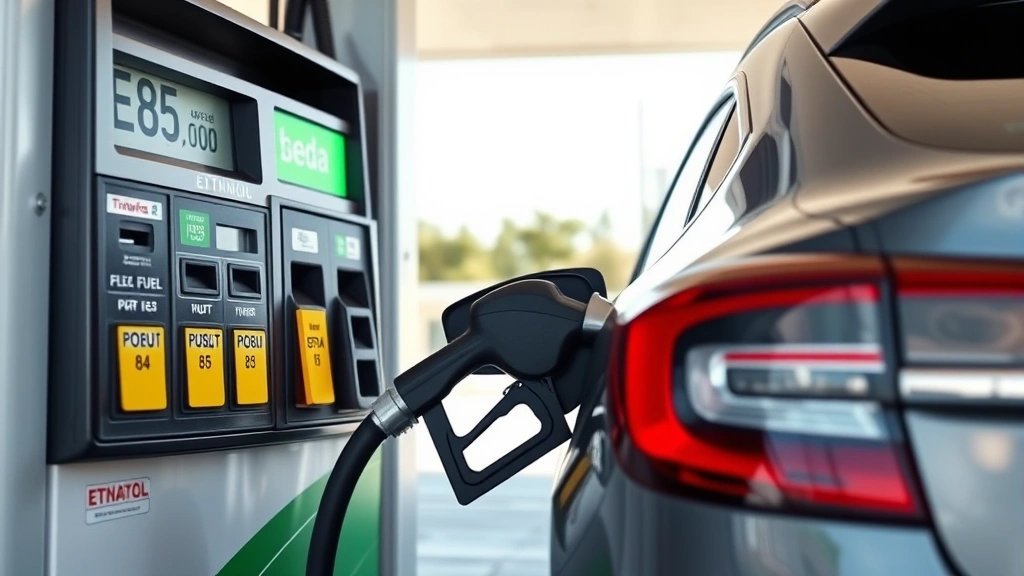 Photorealistic flex-fuel vehicle refueling at E85 gas station pump with green ethanol fuel label visible on pump handle, bright daylight, clean modern station environment, renewable energy concept