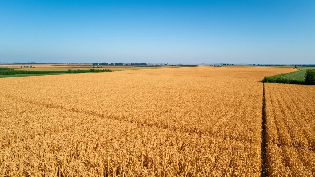 Aerial view of sprawling cornfield during harvest season with golden mature corn ready for ethanol production, sustainable agriculture landscape, clear blue sky, sustainable farming practices