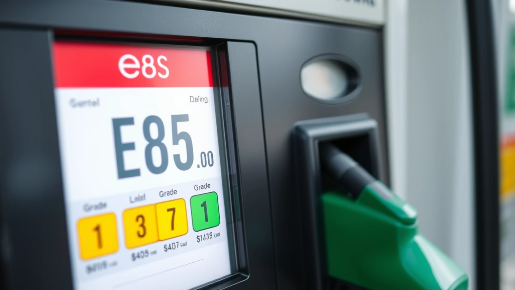 Close-up of fuel pump display screen showing E85 fuel price and grade selection at modern gas station, digital interface, contemporary fuel station technology, renewable fuel infrastructure