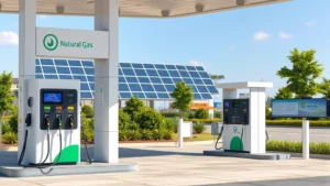 Compressed natural gas fueling station with modern pump dispensers, renewable energy solar panels visible in background, clean urban environment with green landscaping, bright daylight, photorealistic