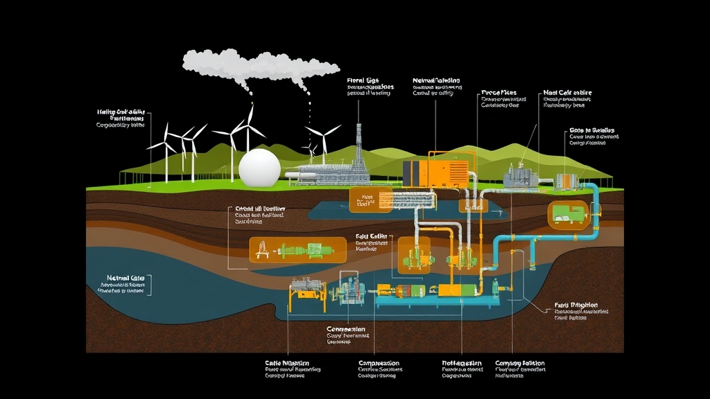 Cross-section diagram visualization showing natural gas extraction, processing facility with renewable energy turbines, compression equipment, and distribution pipeline network, industrial landscape, technical but accessible imagery