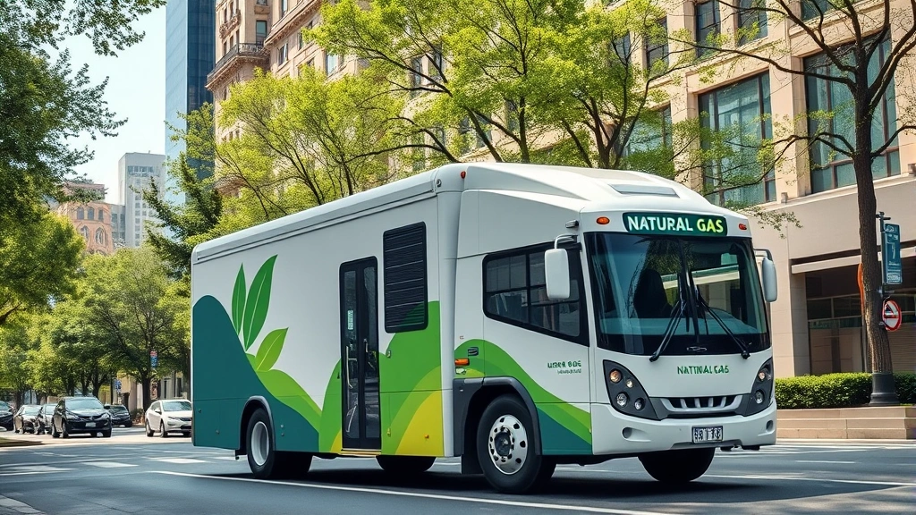 Modern natural gas powered delivery truck or bus on city street with clean air, surrounded by green trees and buildings, low emissions visible, eco-conscious urban transportation scene, photorealistic daytime photograph