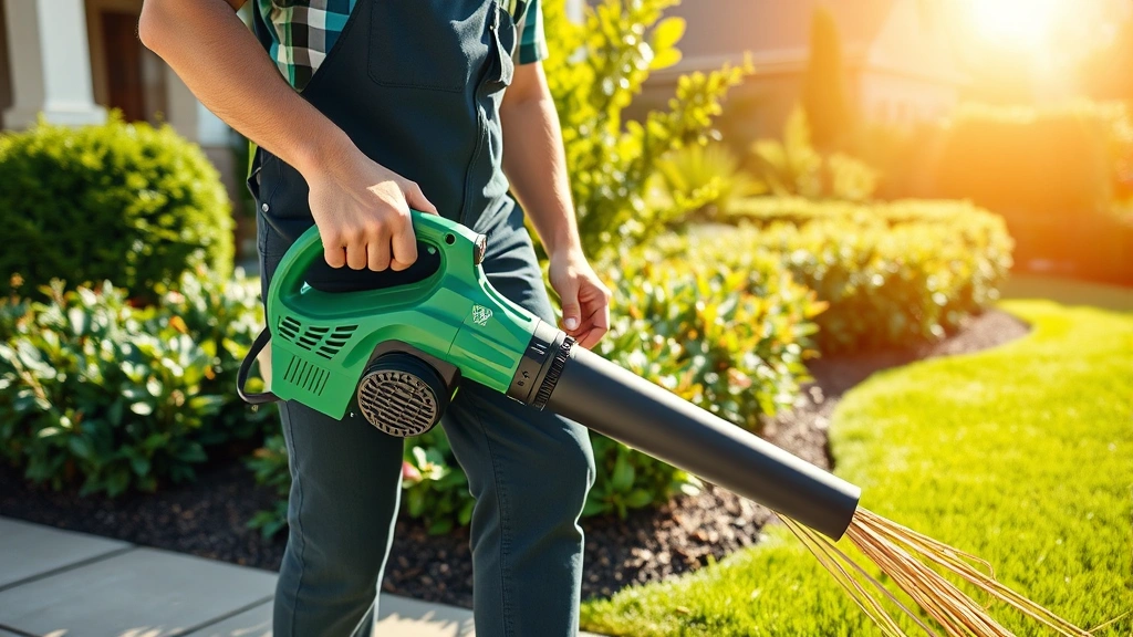Professional landscaper using handheld electric leaf blower in sunny residential garden with manicured lawn and green shrubs, modern sustainable equipment