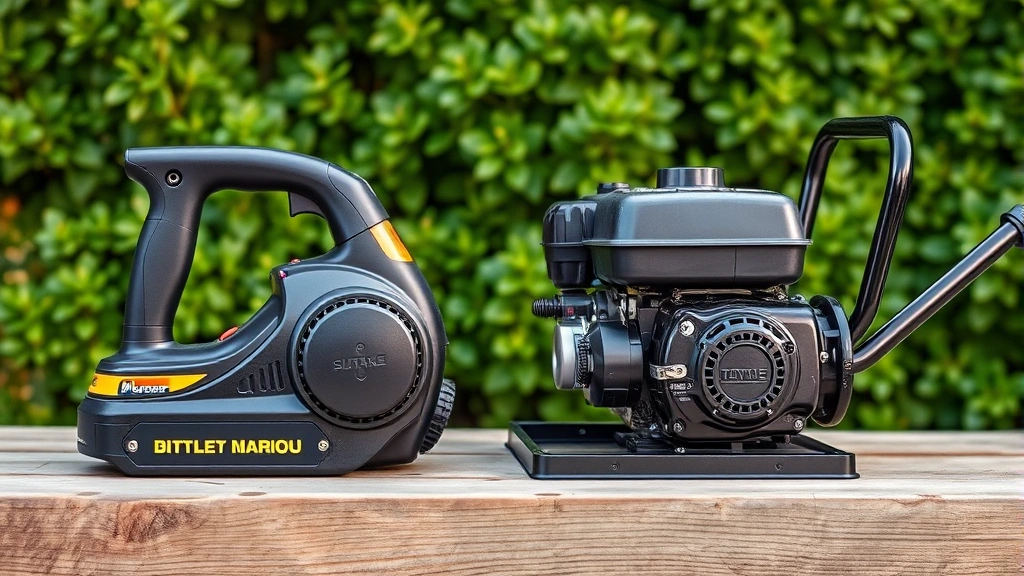 Close-up comparison of battery-powered and gas-powered yard equipment side by side on wooden work table with green foliage background