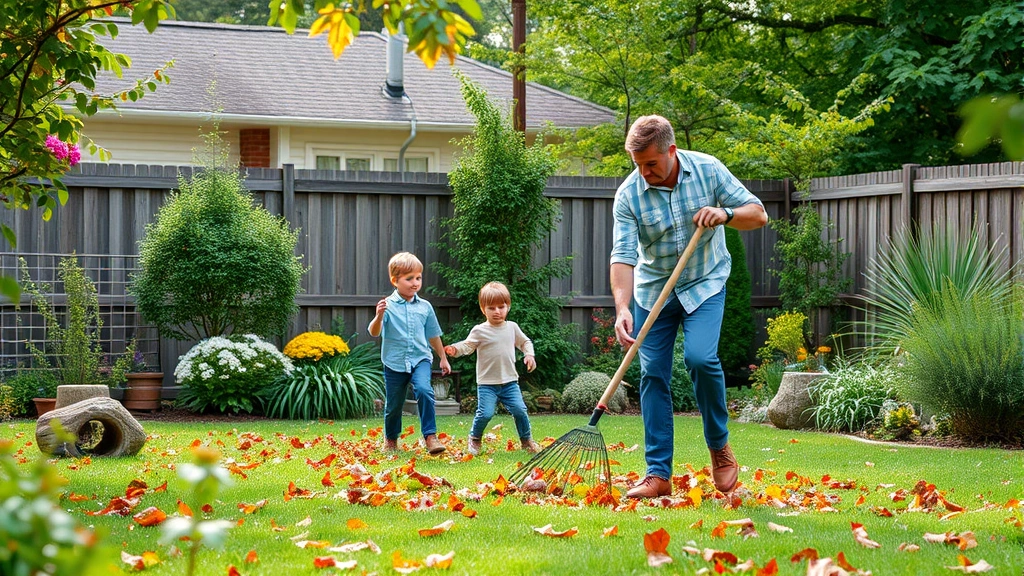 Family enjoying peaceful backyard environment with no noise pollution, children playing while parent rakes leaves manually, sustainable yard maintenance
