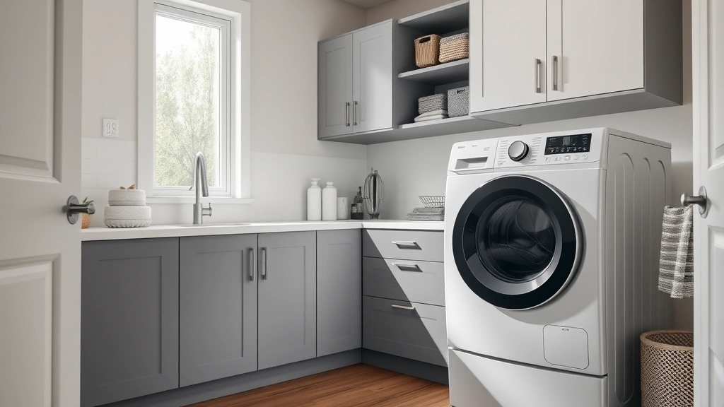 Modern laundry room with front-load washer and electric dryer, natural light from window, contemporary white and gray cabinetry, wooden floors, minimal clutter, sustainable home aesthetic