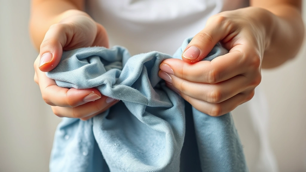 Hands holding wet laundry clothes, water droplets visible, soft natural lighting, close-up detail shot, emphasizing moisture removal and drying process, neutral background