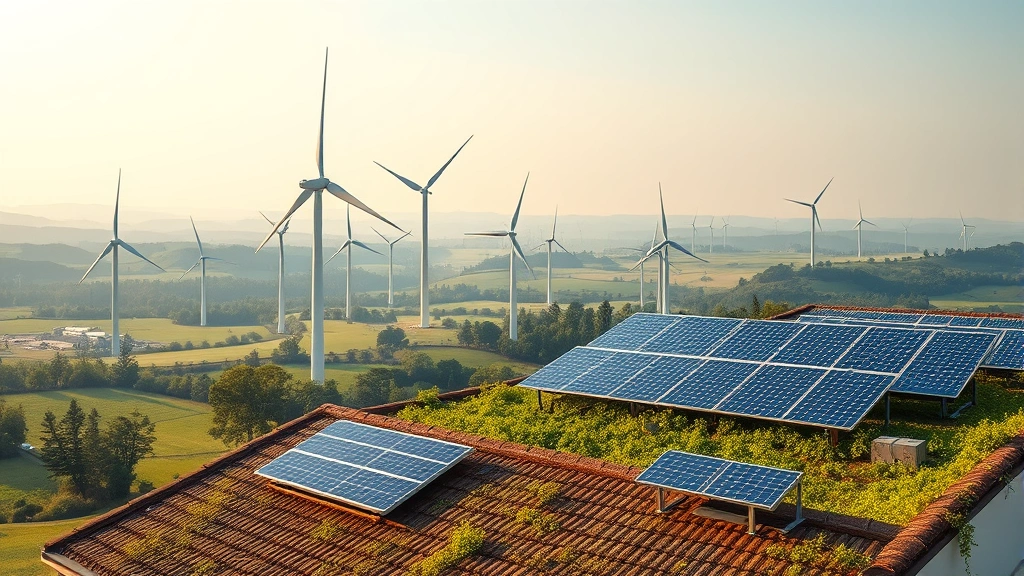 Renewable energy sources visualization: wind turbines in landscape, solar panels on rooftop, natural scenery, green fields, sustainable power generation infrastructure, daytime natural light