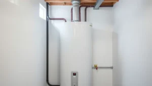 Modern electric water heater tank installed in basement utility room with white walls, proper electrical connections, and drain line visible, natural lighting through small window