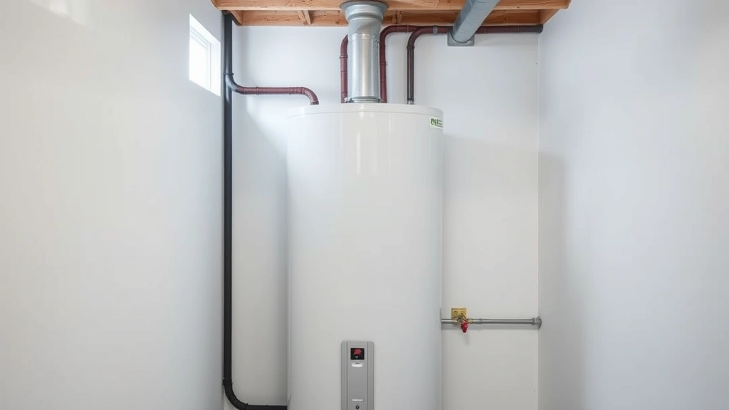 Modern electric water heater tank installed in basement utility room with white walls, proper electrical connections, and drain line visible, natural lighting through small window