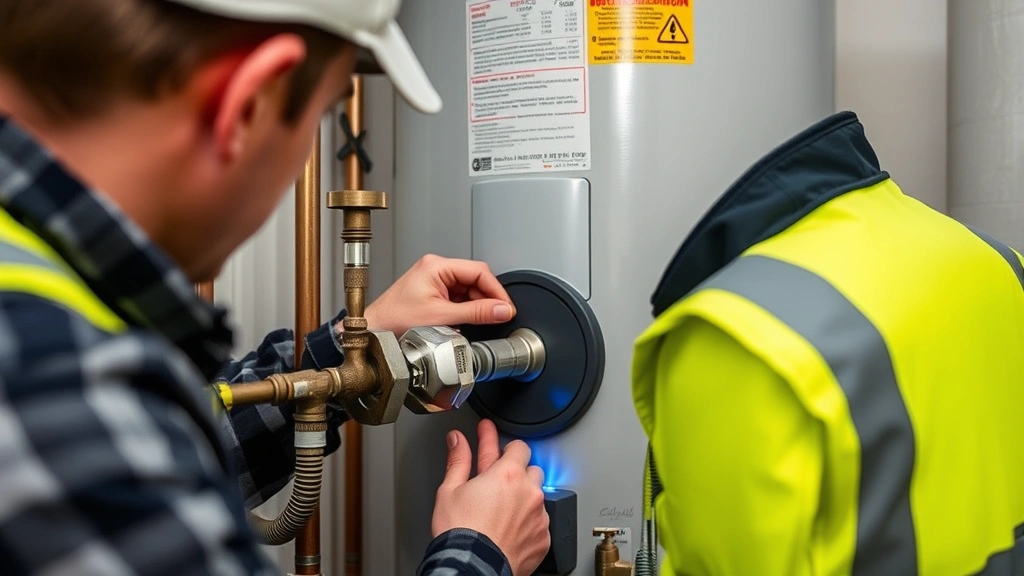 Technician inspecting gas water heater burner assembly and heat exchanger, wearing safety gear, natural gas blue flame visible at base of tank, professional installation setting