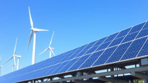 Modern renewable energy infrastructure with wind turbines and solar panels against blue sky, representing clean energy alternatives to natural gas distribution systems