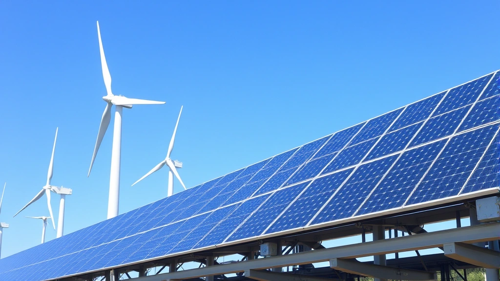 Modern renewable energy infrastructure with wind turbines and solar panels against blue sky, representing clean energy alternatives to natural gas distribution systems