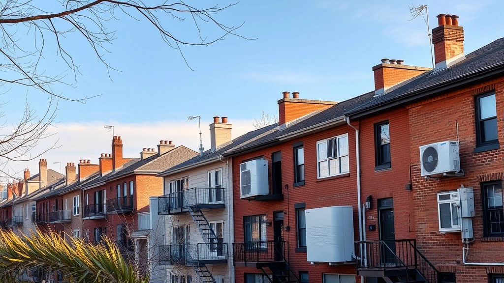 Urban neighborhood with electric heat pump units installed on residential buildings, showing residential electrification replacing natural gas heating systems