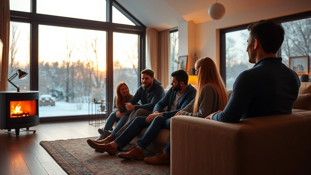 Family in comfortable living room with warm ambient lighting, no visible heating equipment, modern sustainable home interior with large windows showing winter landscape outside