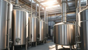 Industrial ethanol production facility with large stainless steel fermentation tanks and processing equipment, morning sunlight reflecting off metal surfaces, no signage or text visible