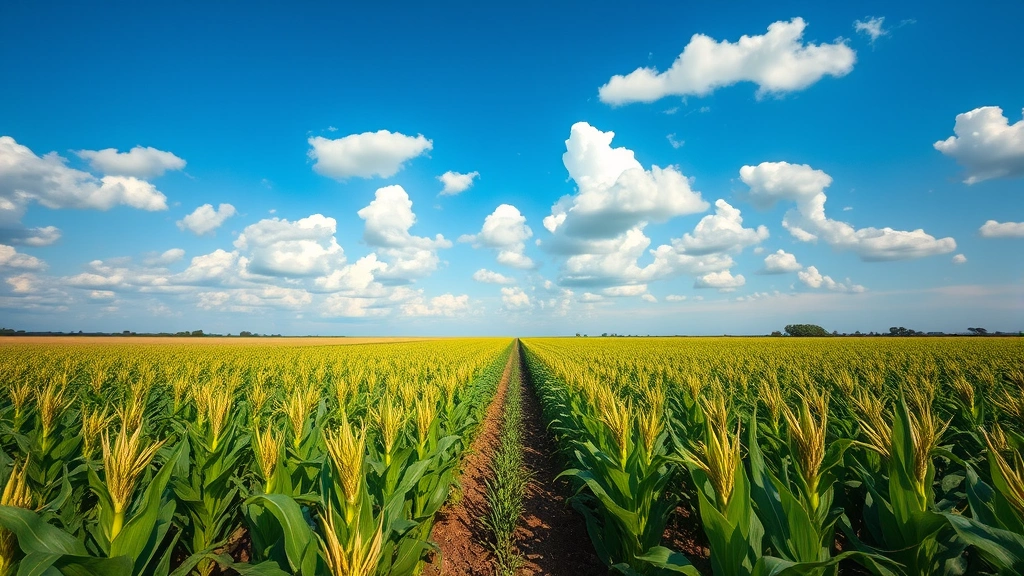 Vast cornfield extending to horizon under blue sky with cumulus clouds, rows of corn plants in summer growth stage, agricultural landscape perspective