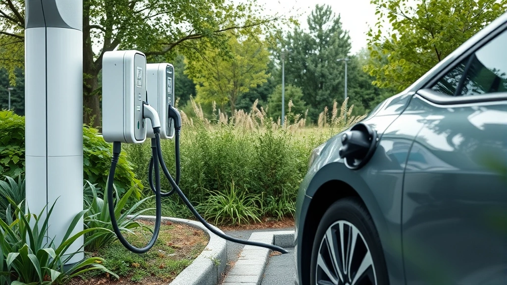 Electric vehicle charging at modern charging station with natural green surroundings, cable connected to vehicle, sustainable transportation infrastructure, no brand logos or text
