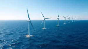 Offshore wind turbines rotating in ocean waters off New England coast, capturing renewable energy generation with clear sky and blue water, photorealistic marine renewable energy infrastructure