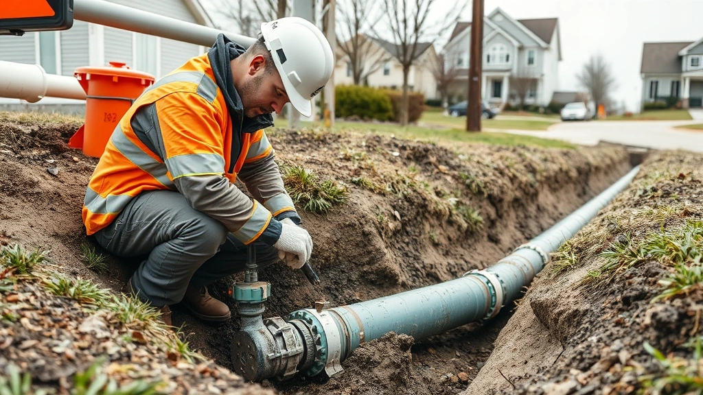 Modern utility worker inspecting underground natural gas pipeline infrastructure in suburban residential area, showing pipe repair and maintenance equipment with safety protocols visible