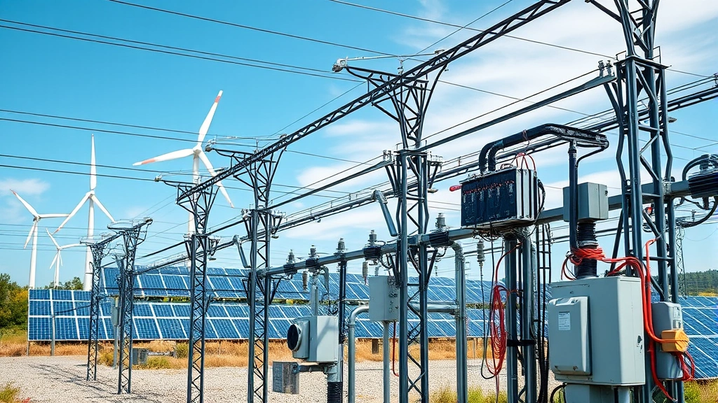 Electric grid substation with modern smart grid technology, solar panels and wind turbines visible in background, representing integrated renewable energy distribution system infrastructure