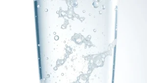 Crystal clear glass of sparkling water with visible bubbles rising through the liquid, natural sunlight creating sparkle effect, minimalist white background, photorealistic