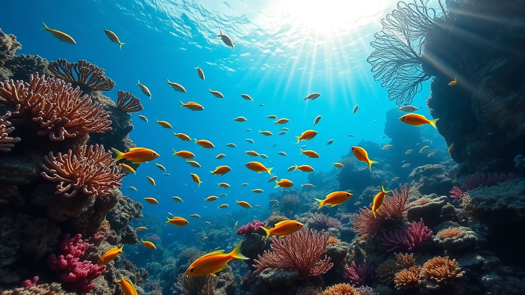 Vibrant underwater coral reef ecosystem with colorful fish swimming through healthy coral formations, sunlight filtering through water, diverse marine life visible, photorealistic