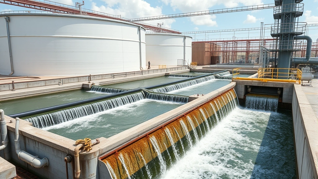 Industrial water treatment facility with large aeration tanks and cascading water streams, natural daylight, showing environmental remediation infrastructure, photorealistic