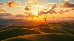 Aerial view of wind turbines on rolling green hills during golden hour sunset, with dramatic clouds and clean landscape, photorealistic, no text or labels visible