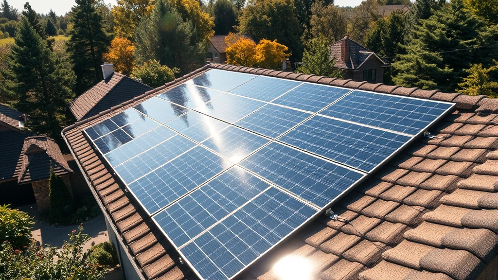 Close-up of solar panel array installed on residential rooftop surrounded by trees and garden, bright sunlight reflecting off panels, photorealistic environmental installation