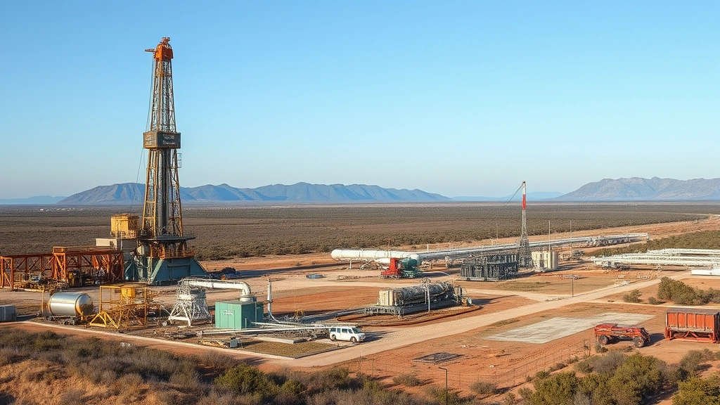 Landscape showing natural gas extraction site with drilling equipment, transmission infrastructure, and industrial equipment in cleared terrain, photorealistic industrial documentation style