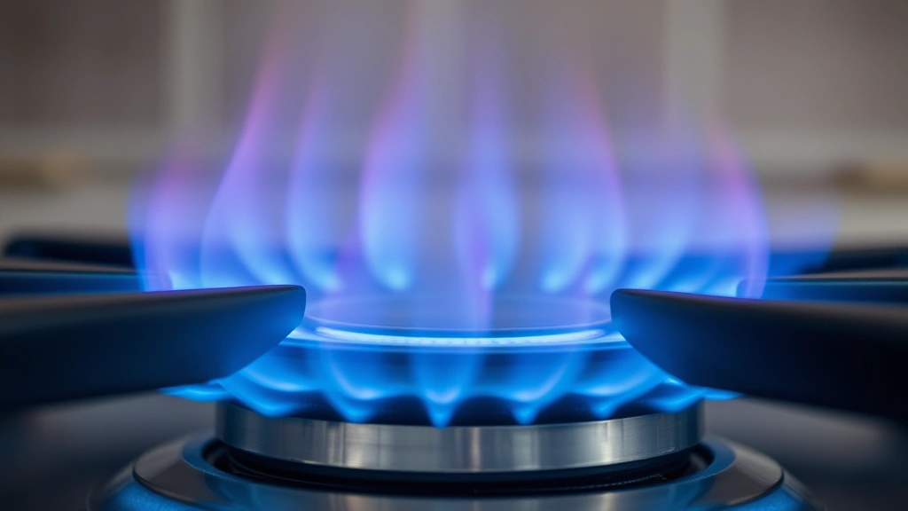 Close-up of a blue gas flame burning on a stovetop burner with clean ports, showing proper combustion with metallic grates in soft natural kitchen lighting